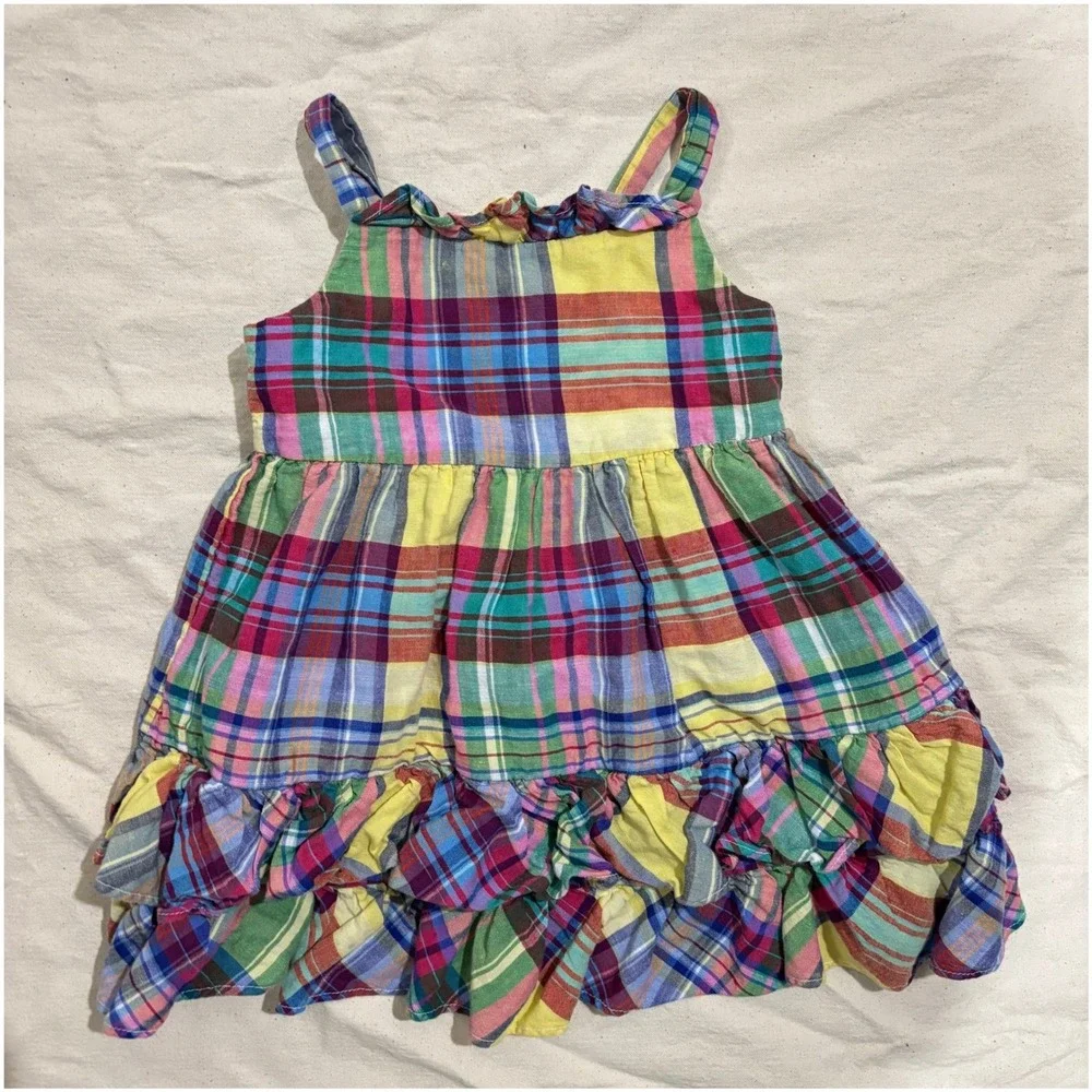 Ralph‎ Lauren Girls 24M Madras Plaid Ruffle Tiered Sundress Sleeveless